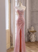 Blushing Pink Sequin Mermaid One Shoulder Open Back Floor Length Dress Front View - Aabei Dress