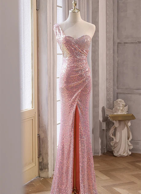 Blushing Pink Sequin Mermaid One Shoulder Open Back Floor Length Dress Front View - Aabei Dress