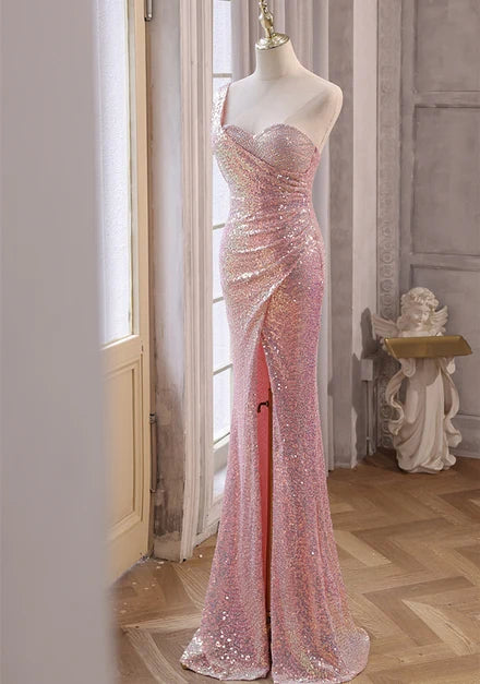 Blushing Pink Sequin Mermaid One Shoulder Open Back Floor Length Dress - Aabei Dress