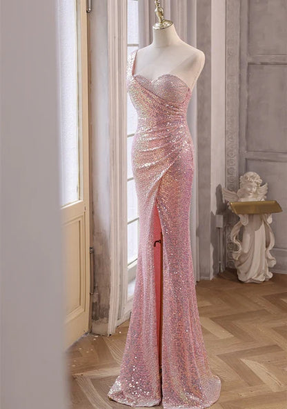 Blushing Pink Sequin Mermaid One Shoulder Open Back Floor Length Dress - Aabei Dress