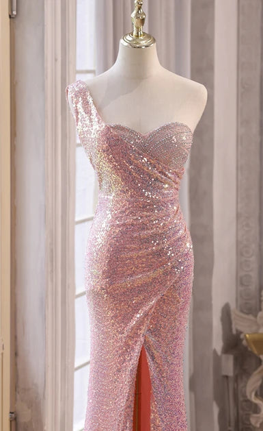 Blushing Pink Sequin Mermaid One Shoulder Open Back Floor Length Dress - Aabei Dress