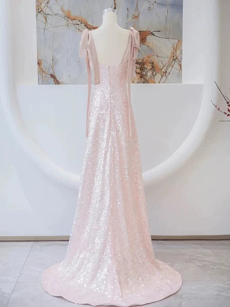 Blushing Pink Sequin & Satin A-Line Cowl Neck Floor-Length Dress Back View - Aabei Dress