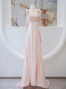 Blushing Pink Sequin & Satin A-Line Cowl Neck Floor-Length Dress Front View - Aabei Dress