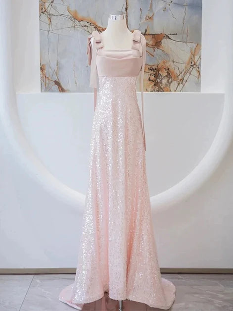 Blushing Pink Sequin & Satin A-Line Cowl Neck Floor-Length Dress Front View - Aabei Dress