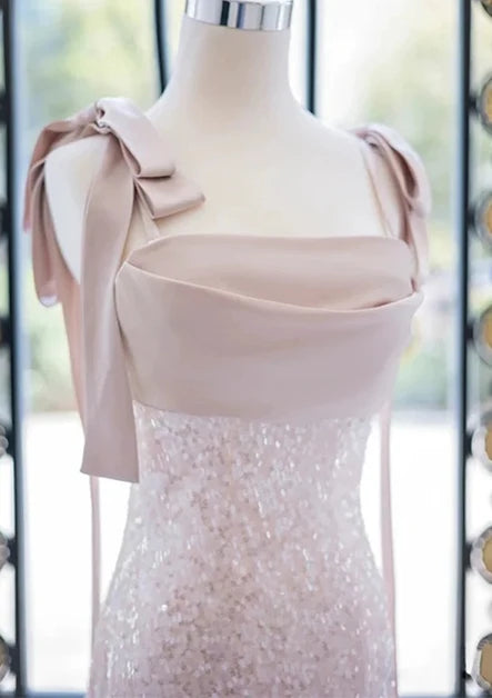 Blushing Pink Sequin & Satin A-Line Cowl Neck Floor-Length Dress - Aabei Dress