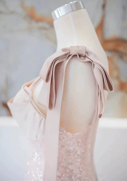 Blushing Pink Sequin & Satin A-Line Cowl Neck Floor-Length Dress - Aabei Dress