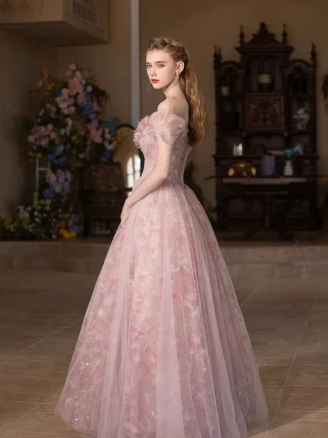 Blushing Pink Tulle A-Line Off-the-Shoulder Lace-Up-Back Floor-Length Dress Back View - Aabei Dress