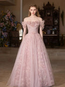 Blushing Pink Tulle A-Line Off-the-Shoulder Lace-Up-Back Floor-Length Dress Front View - Aabei Dress