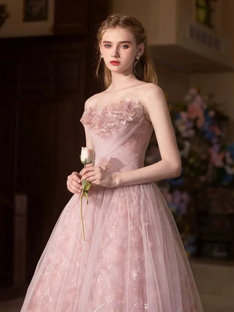 Blushing Pink Tulle A-Line Off-the-Shoulder Lace-Up-Back Floor-Length Dress - Aabei Dress