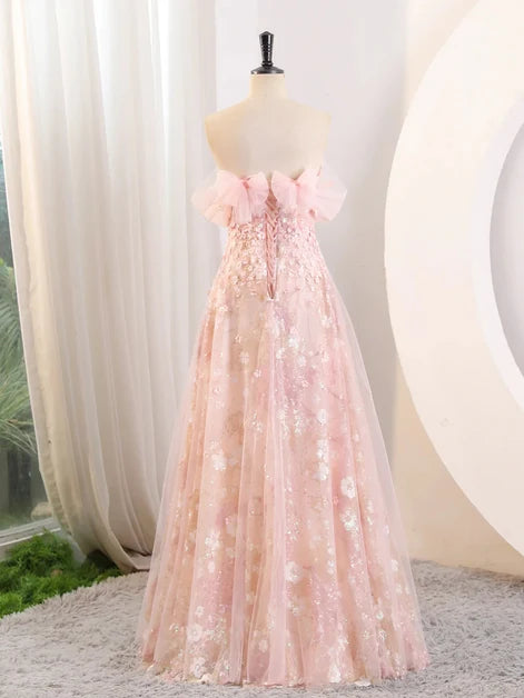 Blushing Pink Tulle A-Line Off-the-Shoulder Lace-up Floor-Length Dress Back View - Aabei Dress