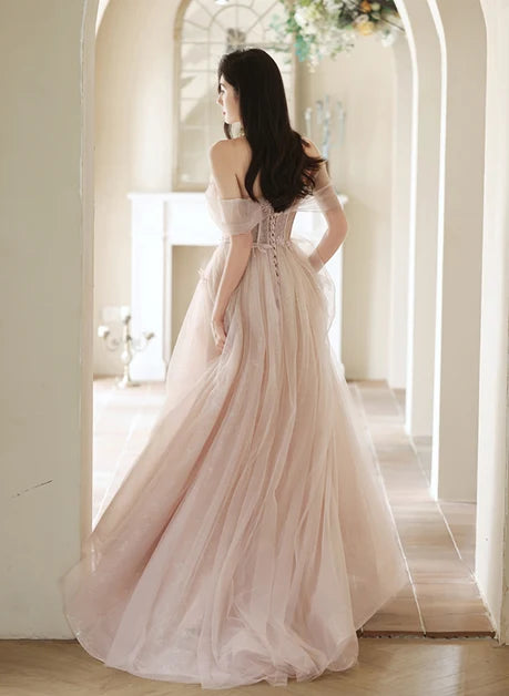 Blushing Pink Tulle A-Line Off-the-Shoulder Lace-up Floor-Length Dress Back View - Aabei Dress