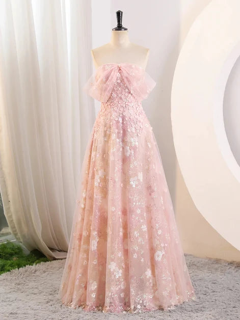 Blushing Pink Tulle A-Line Off-the-Shoulder Lace-up Floor-Length Dress Front View - Aabei Dress