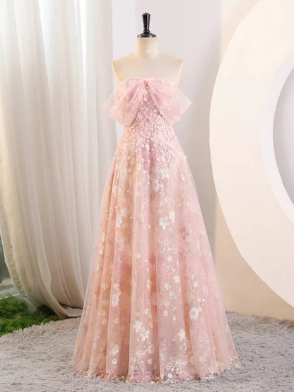 Blushing Pink Tulle A-Line Off-the-Shoulder Lace-up Floor-Length Dress Front View - Aabei Dress