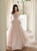Blushing Pink Tulle A-Line Off-the-Shoulder Lace-up Floor-Length Dress Front View - Aabei Dress