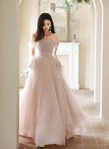 Blushing Pink Tulle A-Line Off-the-Shoulder Lace-up Floor-Length Dress Front View - Aabei Dress