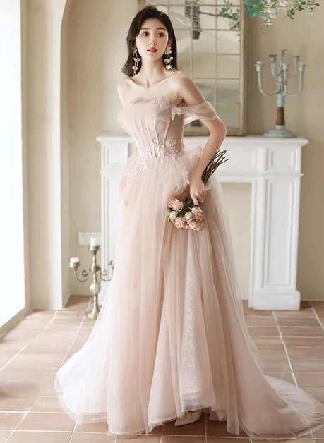 Blushing Pink Tulle A-Line Off-the-Shoulder Lace-up Floor-Length Dress - Aabei Dress