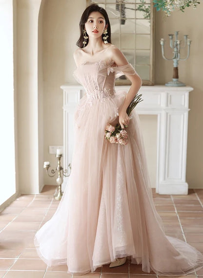 Blushing Pink Tulle A-Line Off-the-Shoulder Lace-up Floor-Length Dress - Aabei Dress
