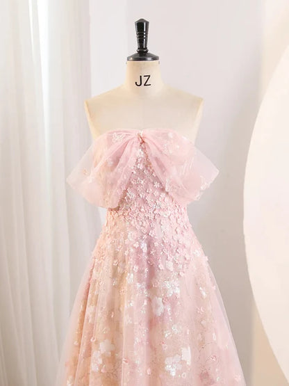 Blushing Pink Tulle A-Line Off-the-Shoulder Lace-up Floor-Length Dress - Aabei Dress