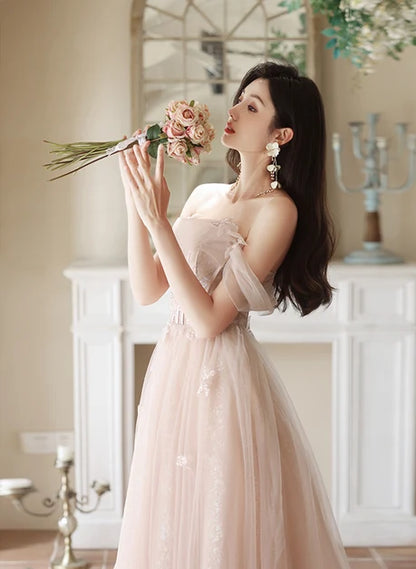Blushing Pink Tulle A-Line Off-the-Shoulder Lace-up Floor-Length Dress - Aabei Dress