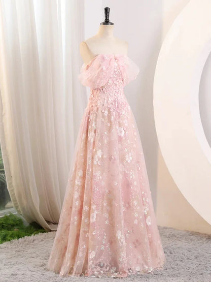 Blushing Pink Tulle A-Line Off-the-Shoulder Lace-up Floor-Length Dress - Aabei Dress