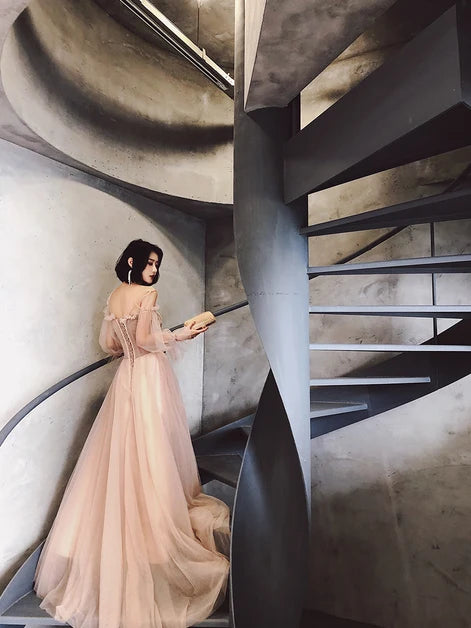 Blushing Pink Tulle A-Line Sweetheart Lace-Up Back Floor-Length Dress Back View - Aabei Dress