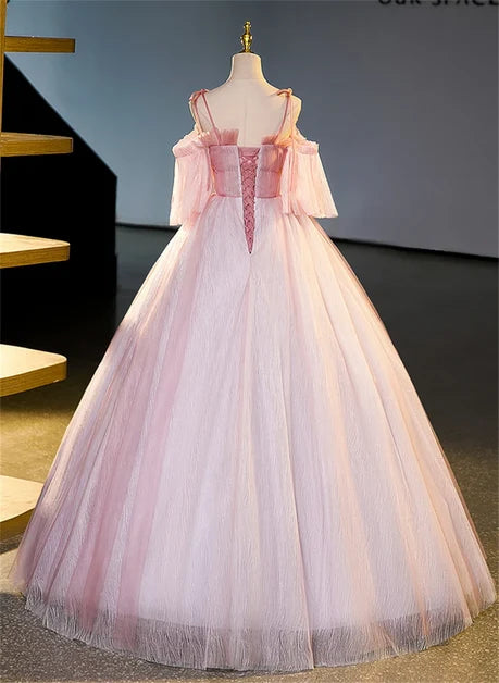 Blushing Pink Tulle A Line Sweetheart Lace Up Back Floor Length Dress Back View - Aabei Dress
