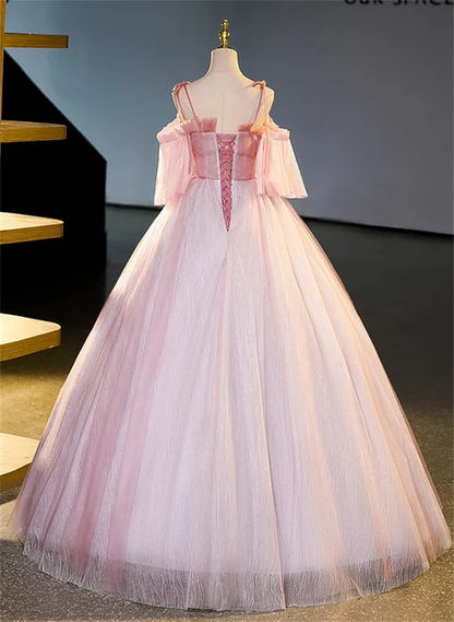 Blushing Pink Tulle A Line Sweetheart Lace Up Back Floor Length Dress Back View - Aabei Dress