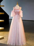 Blushing Pink Tulle A Line Sweetheart Lace Up Back Floor Length Dress Front View - Aabei Dress