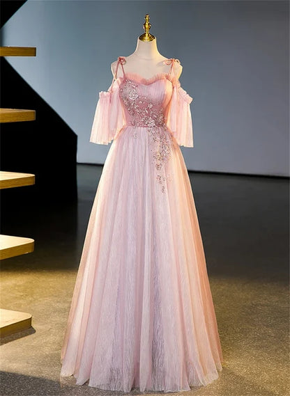 Blushing Pink Tulle A Line Sweetheart Lace Up Back Floor Length Dress Front View - Aabei Dress