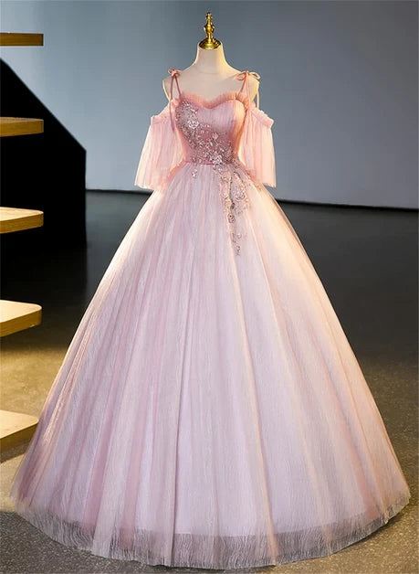 Blushing Pink Tulle A Line Sweetheart Lace Up Back Floor Length Dress - Aabei Dress