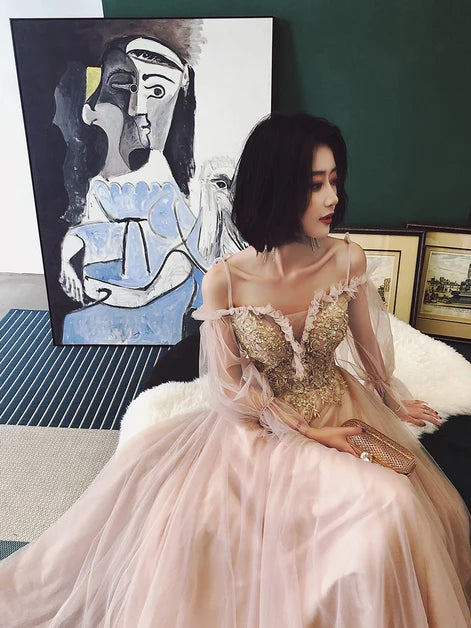Blushing Pink Tulle A-Line Sweetheart Lace-Up Back Floor-Length Dress - Aabei Dress