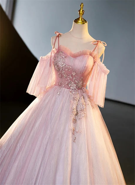 Blushing Pink Tulle A Line Sweetheart Lace Up Back Floor Length Dress - Aabei Dress