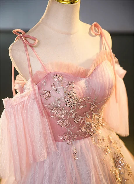 Blushing Pink Tulle A Line Sweetheart Lace Up Back Floor Length Dress - Aabei Dress