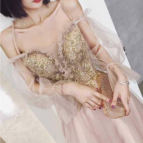 Blushing Pink Tulle A-Line Sweetheart Lace-Up Back Floor-Length Dress - Aabei Dress