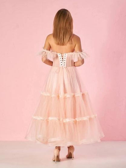 Blushing Pink Tulle A-Line Sweetheart Lace-up Back Tea Length Dress Back View - Aabei Dress