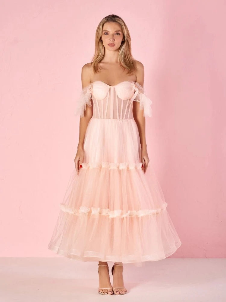 Blushing Pink Tulle A-Line Sweetheart Lace-up Back Tea Length Dress Front View - Aabei Dress