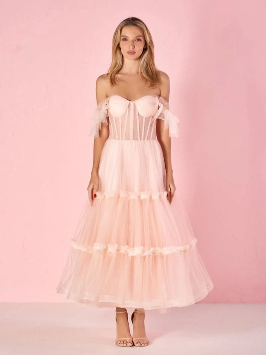 Blushing Pink Tulle A-Line Sweetheart Lace-up Back Tea Length Dress Front View - Aabei Dress