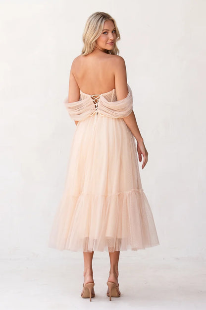 Blushing Pink Tulle A-Line Sweetheart Lace-up Tea-Length Dress Back View - Aabei Dress