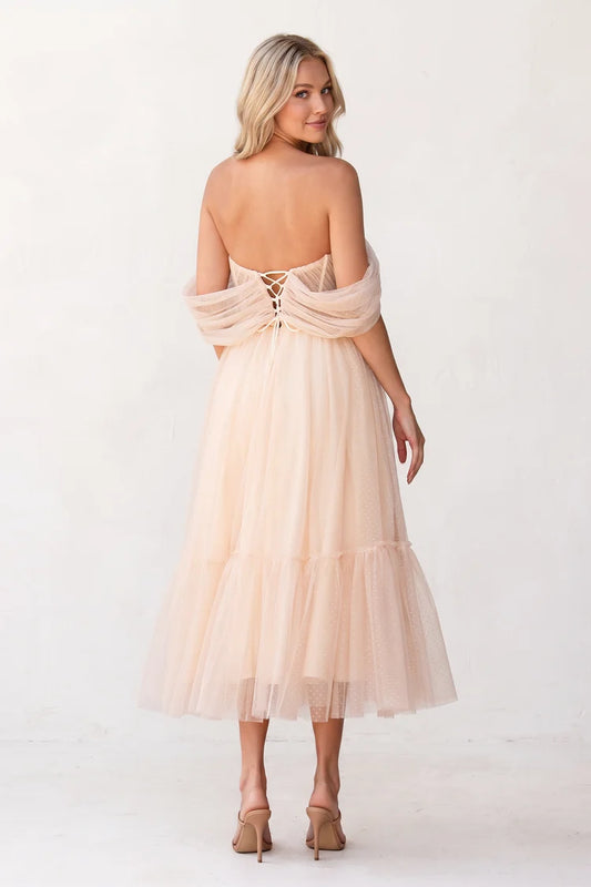 Blushing Pink Tulle A-Line Sweetheart Lace-up Tea-Length Dress Back View - Aabei Dress