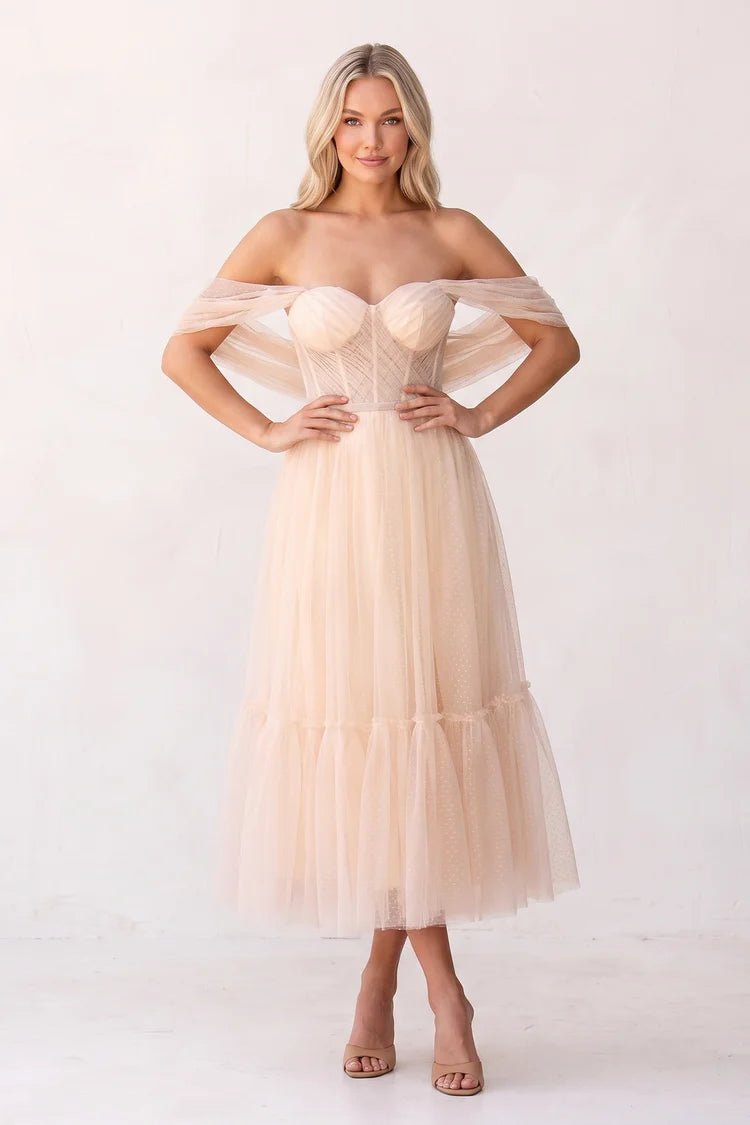 Blushing Pink Tulle A-Line Sweetheart Lace-up Tea-Length Dress Front View - Aabei Dress