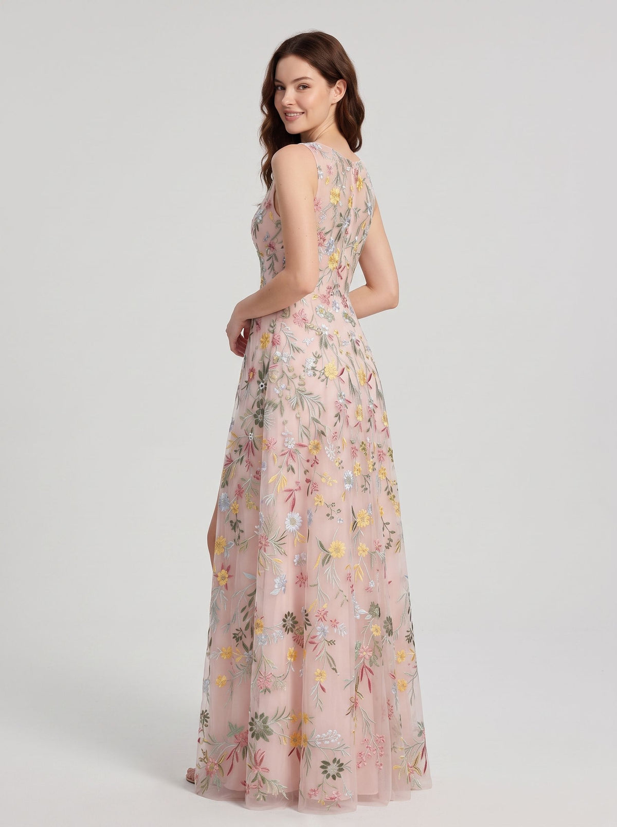 Blushing Pink Tulle A Line V Neck Zipper Back Floor Length Dress Back View - Aabei Dress