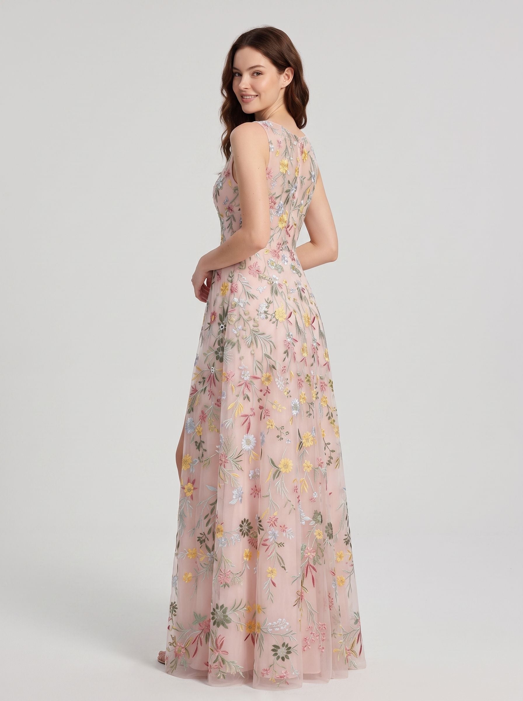 Blushing Pink Tulle A Line V Neck Zipper Back Floor Length Dress Back View - Aabei Dress