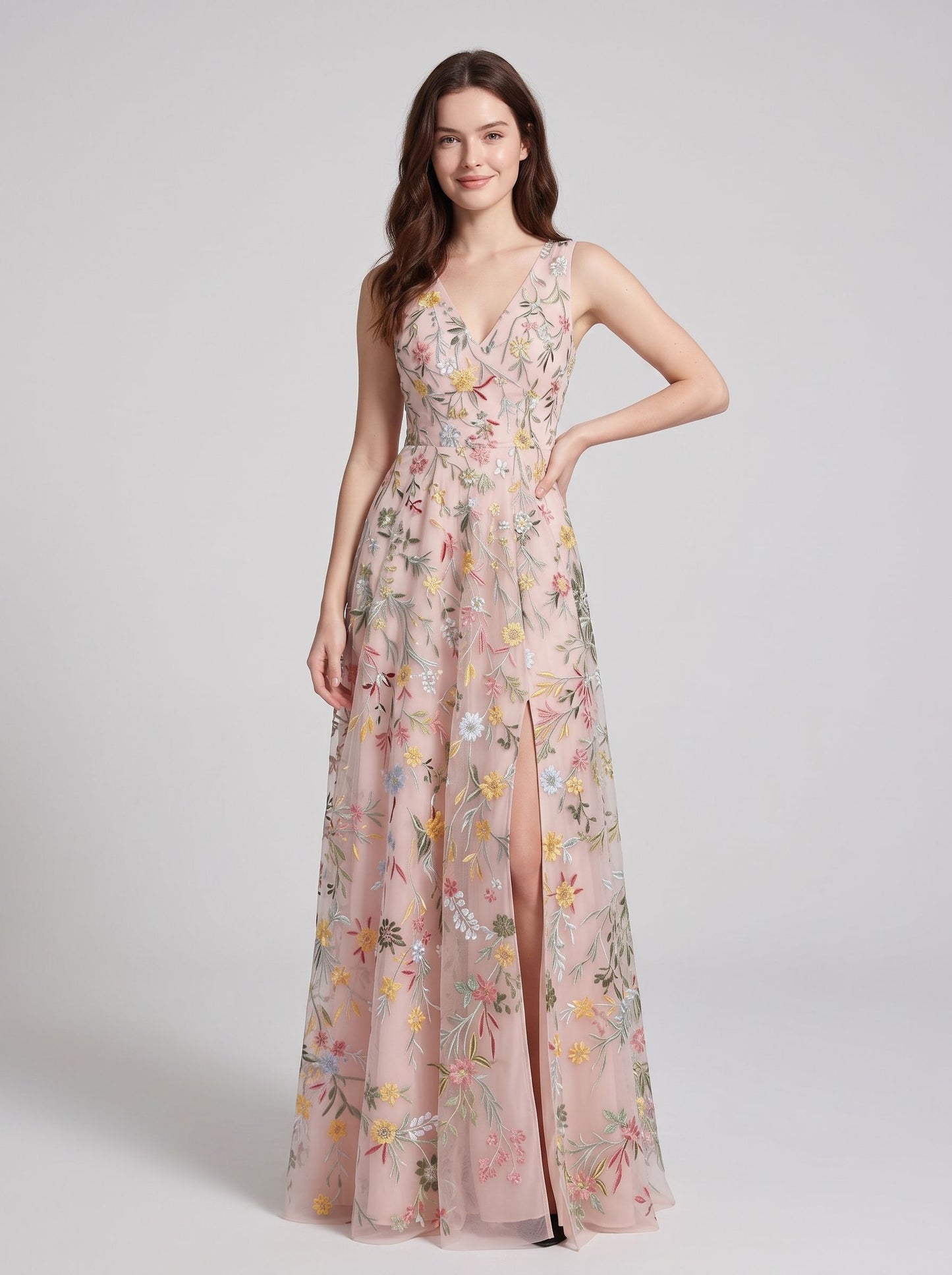 Blushing Pink Tulle A Line V Neck Zipper Back Floor Length Dress Front View - Aabei Dress
