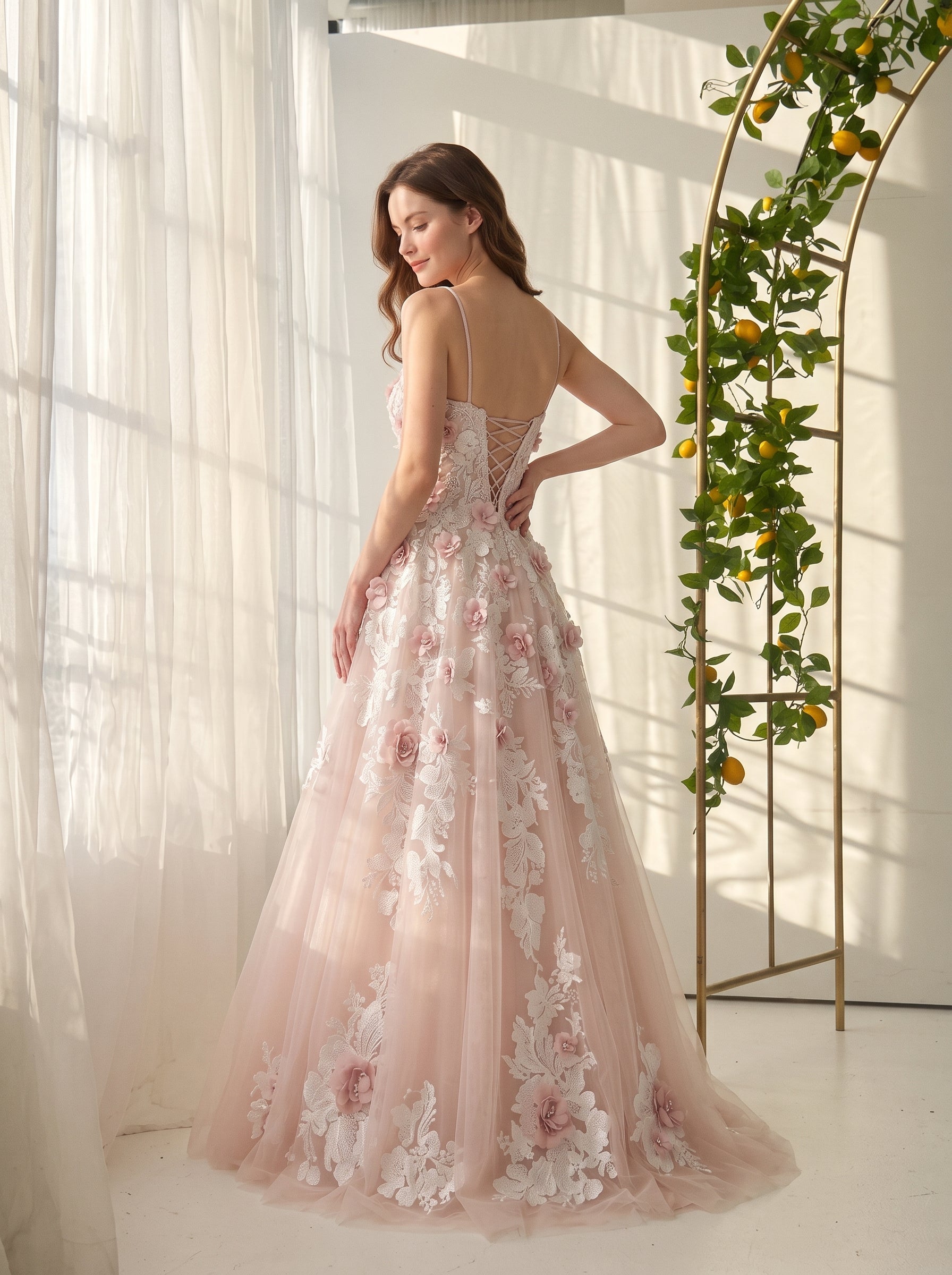 Blushing Pink Tulle and Lace A-Line Sweetheart Lace-up Back Floor-Length Dress - Aabei Dress