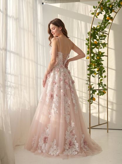 Blushing Pink Tulle and Lace A-Line Sweetheart Lace-up Back Floor-Length Dress - Aabei Dress