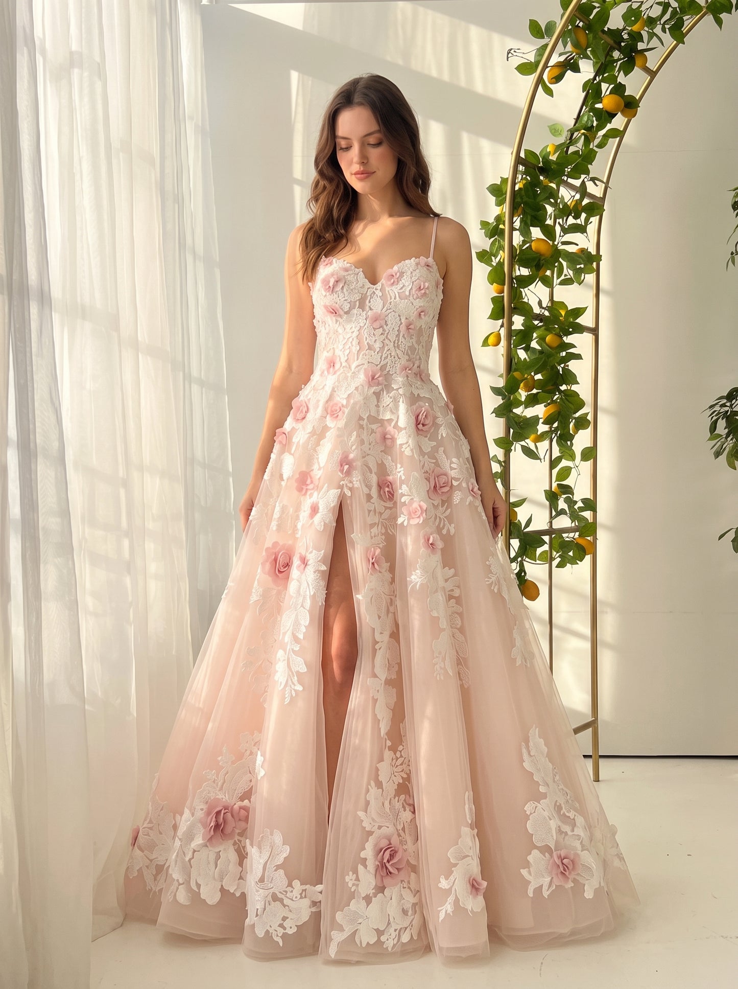 Blushing Pink Tulle and Lace A-Line Sweetheart Lace-up Back Floor-Length Dress - Aabei Dress