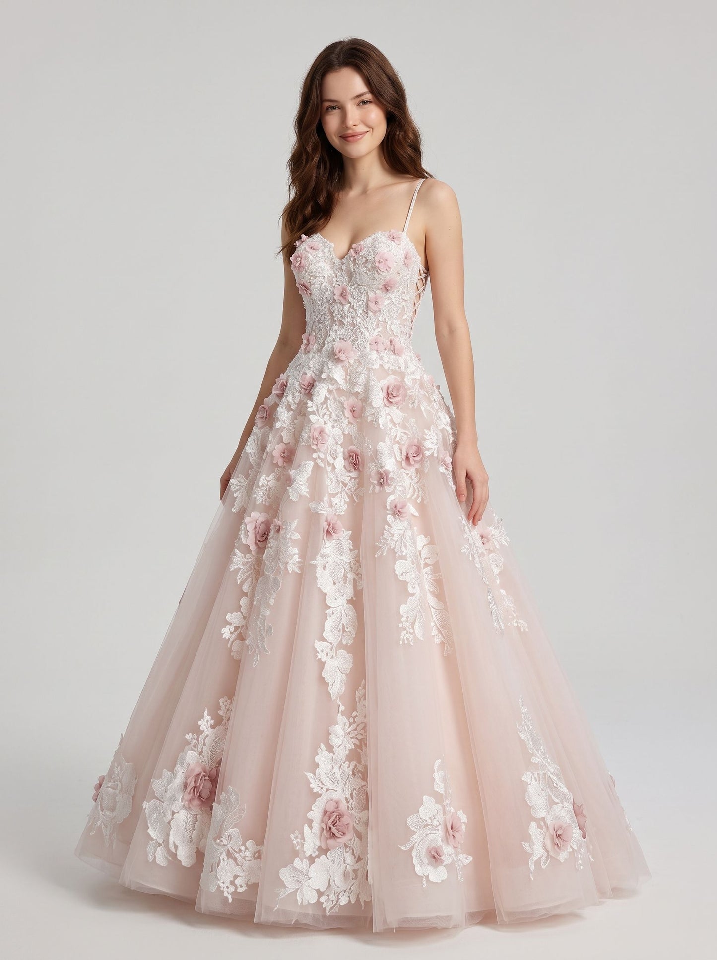 Blushing Pink Tulle and Lace A-Line Sweetheart Lace-up Back Floor-Length Dress - Aabei Dress