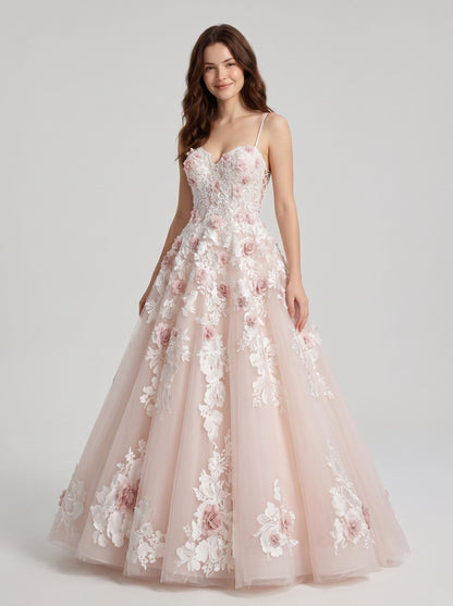Blushing Pink Tulle and Lace A-Line Sweetheart Lace-up Back Floor-Length Dress - Aabei Dress
