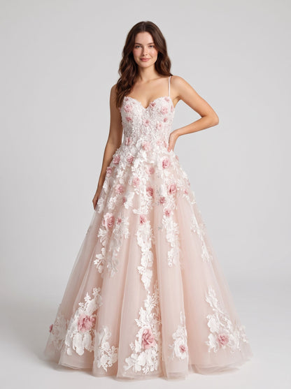 Blushing Pink Tulle and Lace A-Line Sweetheart Lace-up Back Floor-Length Dress - Aabei Dress