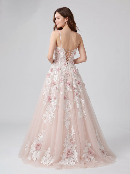 Blushing Pink Tulle and Lace A-Line Sweetheart Lace-up Back Floor-Length Dress - Aabei Dress